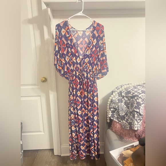 FINAL PRICE World Market Blue Geometric Maxi Dress V-Neck Cinch Waist - Picture 1 of 5